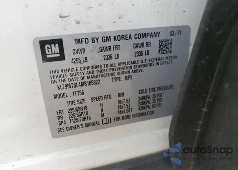 2021 Chevrolet Trailblazer Rs из США, поврежденный, VIN KL79MTSL4MB165822